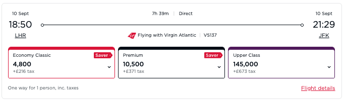 Virgin Atlantic award booking for flights from London (LHR) to New York (JFK)